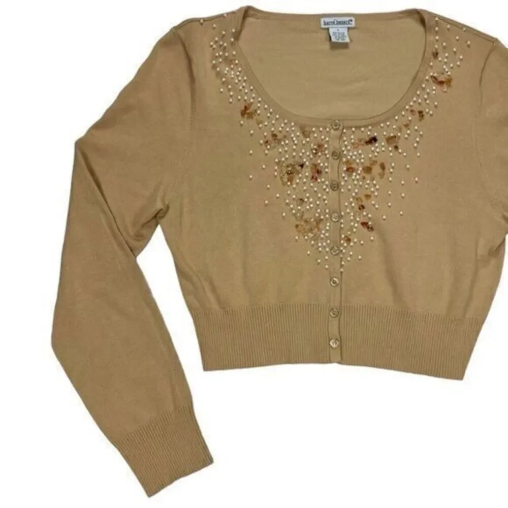 Harve Benard Sweater Womens Large Beaded Pearls Embellished Cardigan Granny Core